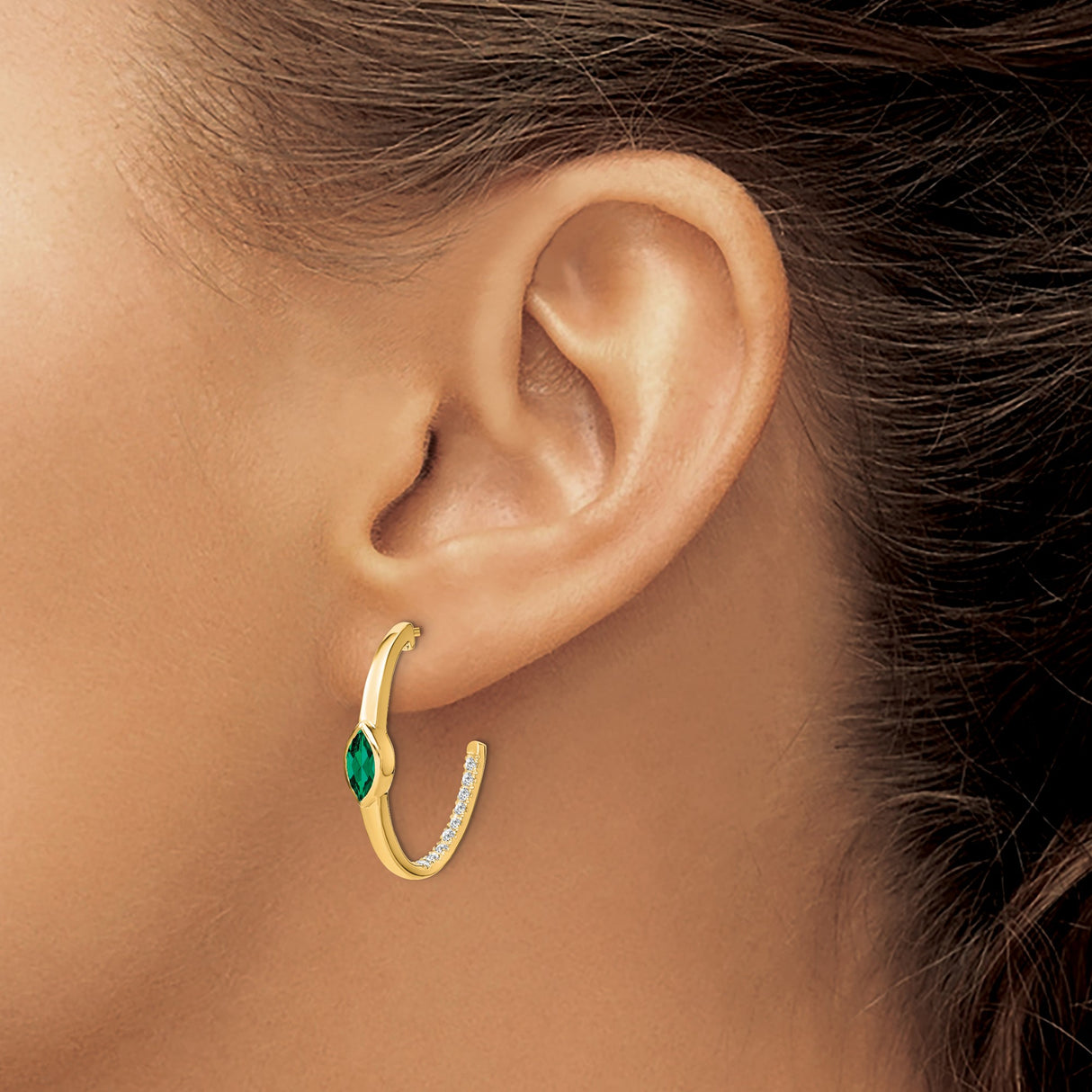 14k Yellow Gold Hoop Earrings with Marquise Created Emerald and Diamond Accents, J Hoop Design