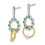 14k Yellow Gold Dangle Earrings with Emerald and Diamond, Interlocking Circles, Modern Design
