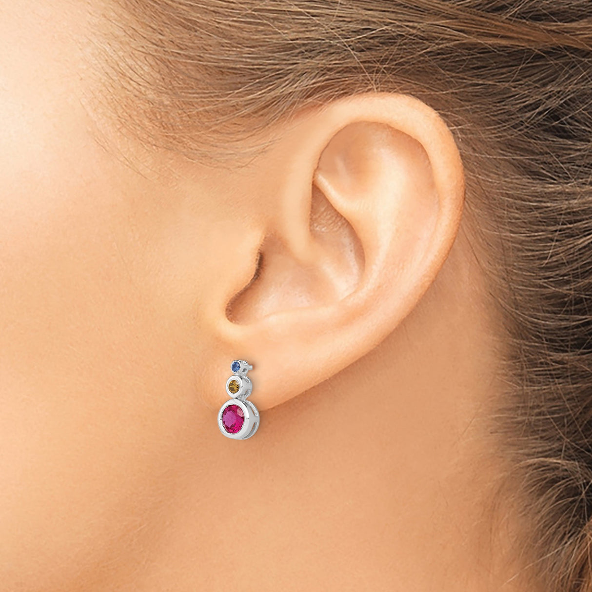 14k White Gold Stud Earrings with Ruby and Emerald Cascading Triple Gemstones