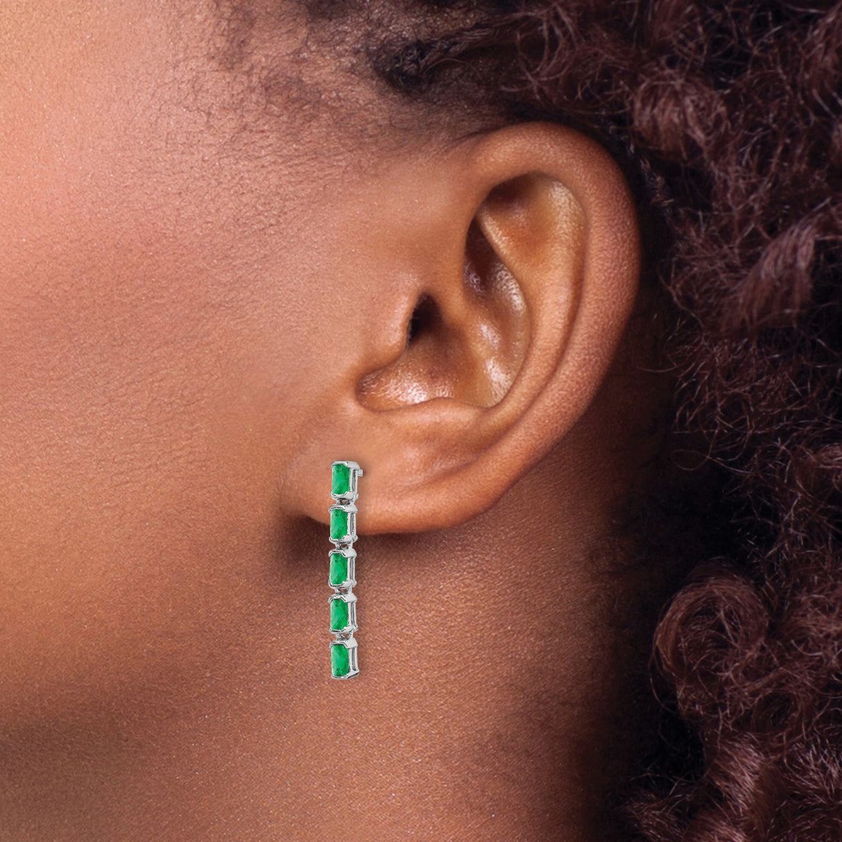 14k White Gold Drop Earrings with Emerald, Rectangle Cut, Vertical Link Design for Women