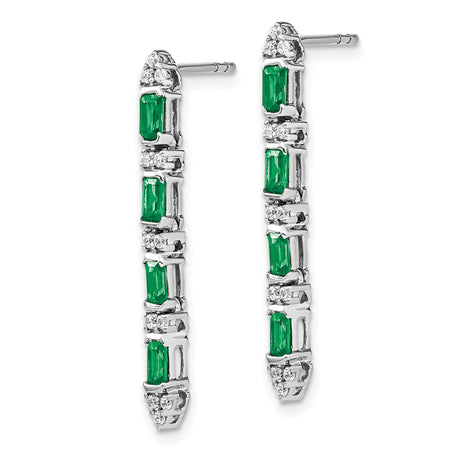 14k White Gold Drop Earrings with Baguette Emeralds and Round Diamonds, Linear Dangle Design
