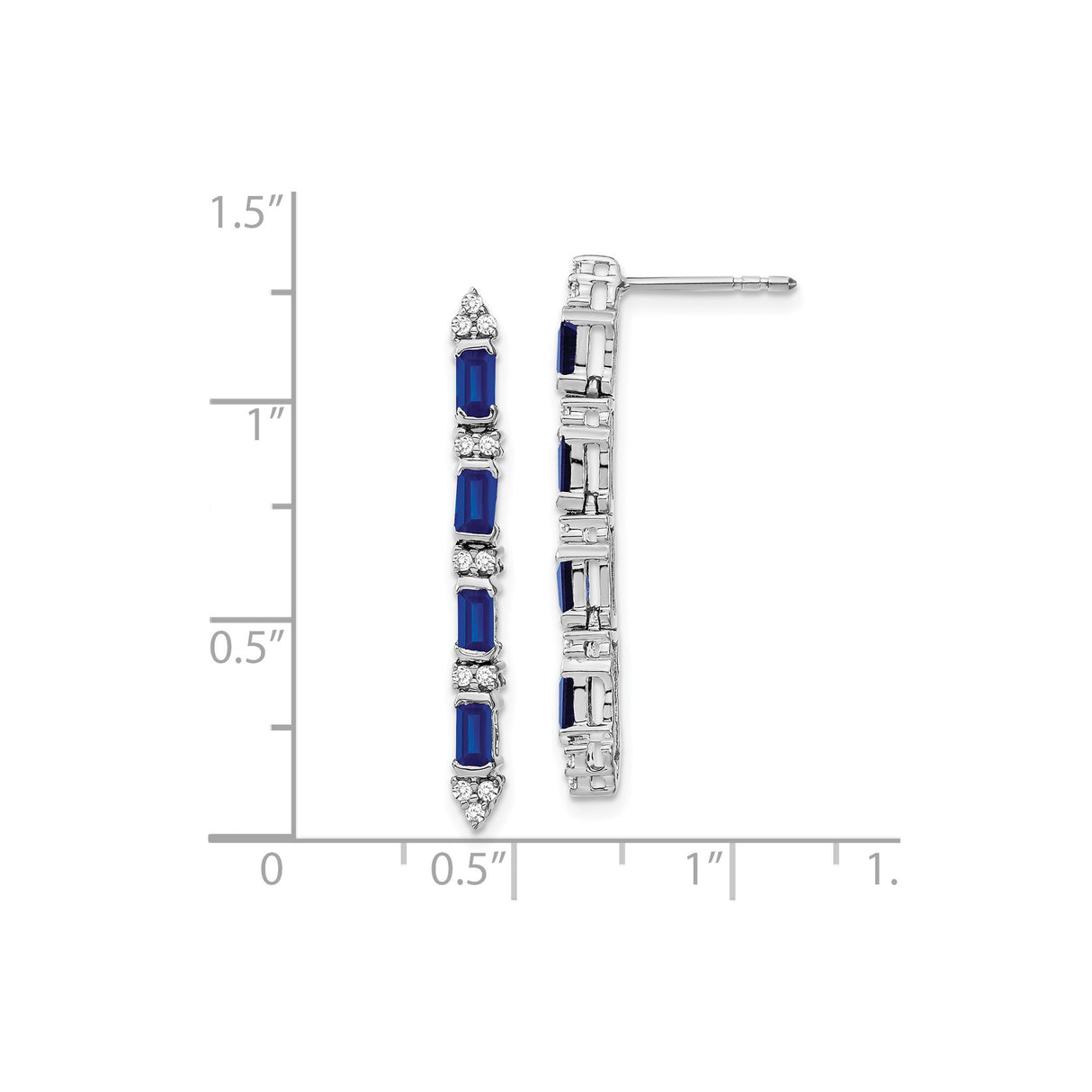 14k White Gold Drop Earrings with Baguette Blue Sapphires and Round Diamonds, Linear Dangle Style
