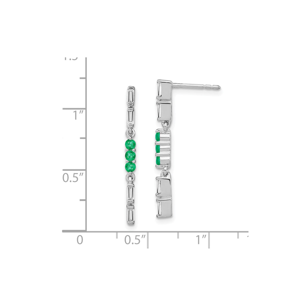 14k White Gold Dangle Earrings with Emerald and Diamond, Vertical Baguette Drop Design