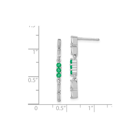 14k White Gold Dangle Earrings with Emerald and Diamond, Vertical Baguette Drop Design