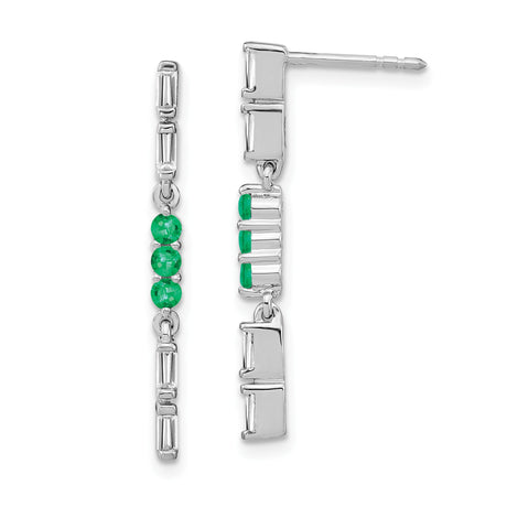 14k White Gold Dangle Earrings with Emerald and Diamond, Vertical Baguette Drop Design