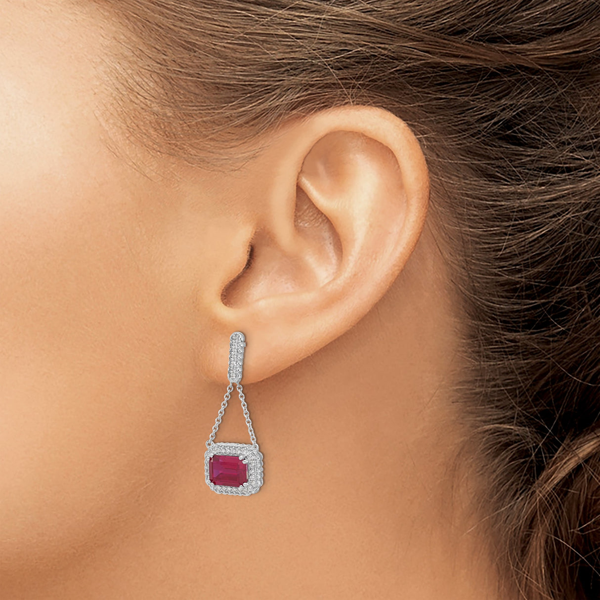 14k White Gold Dangle Earrings with Created Ruby, Diamond Halo, Pavé Bar and Chain Drop Design