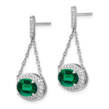 14k White Gold Dangle Earrings with Created Emerald, Halo Setting and Chain Drop Design