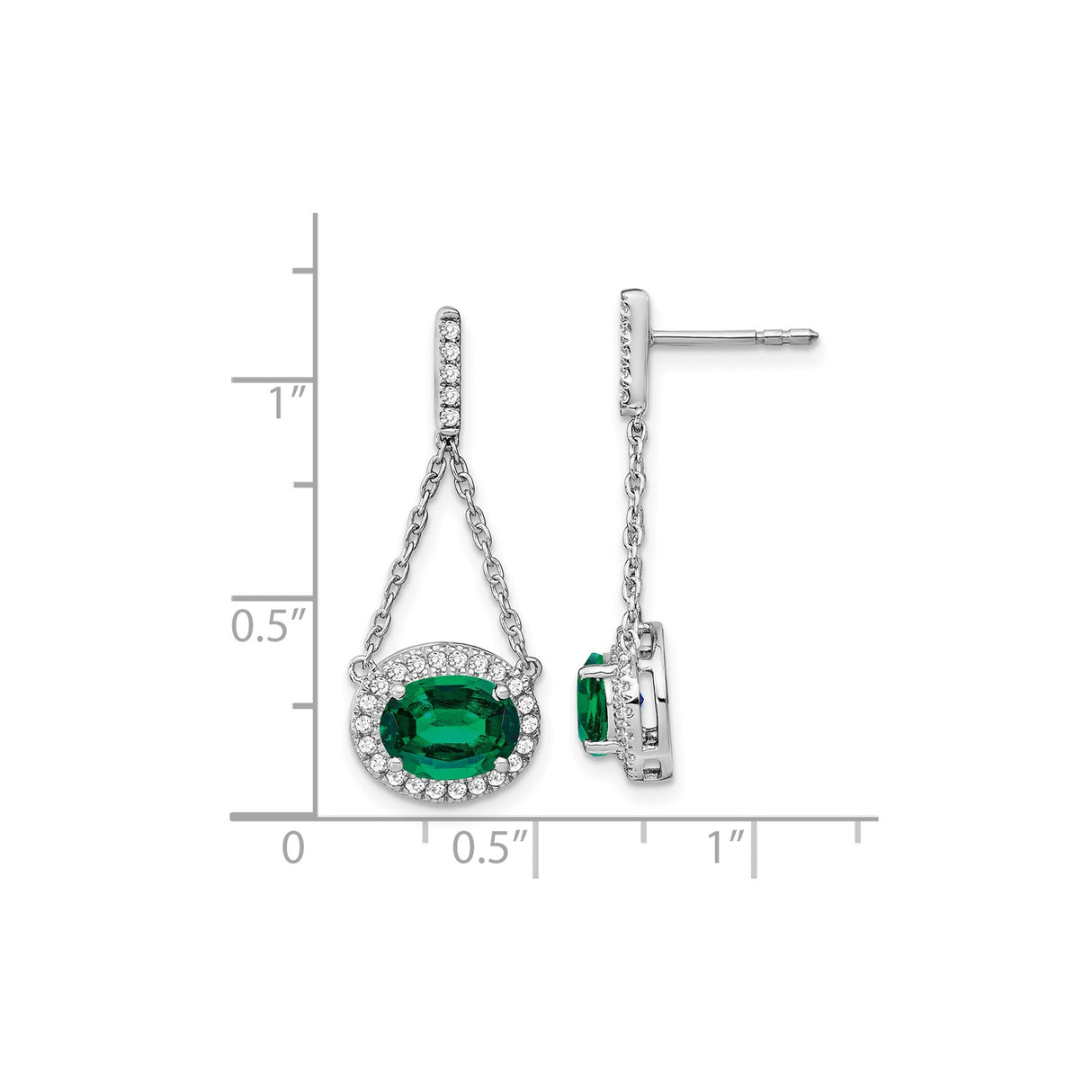 14k White Gold Dangle Earrings with Created Emerald, Halo Setting and Chain Drop Design