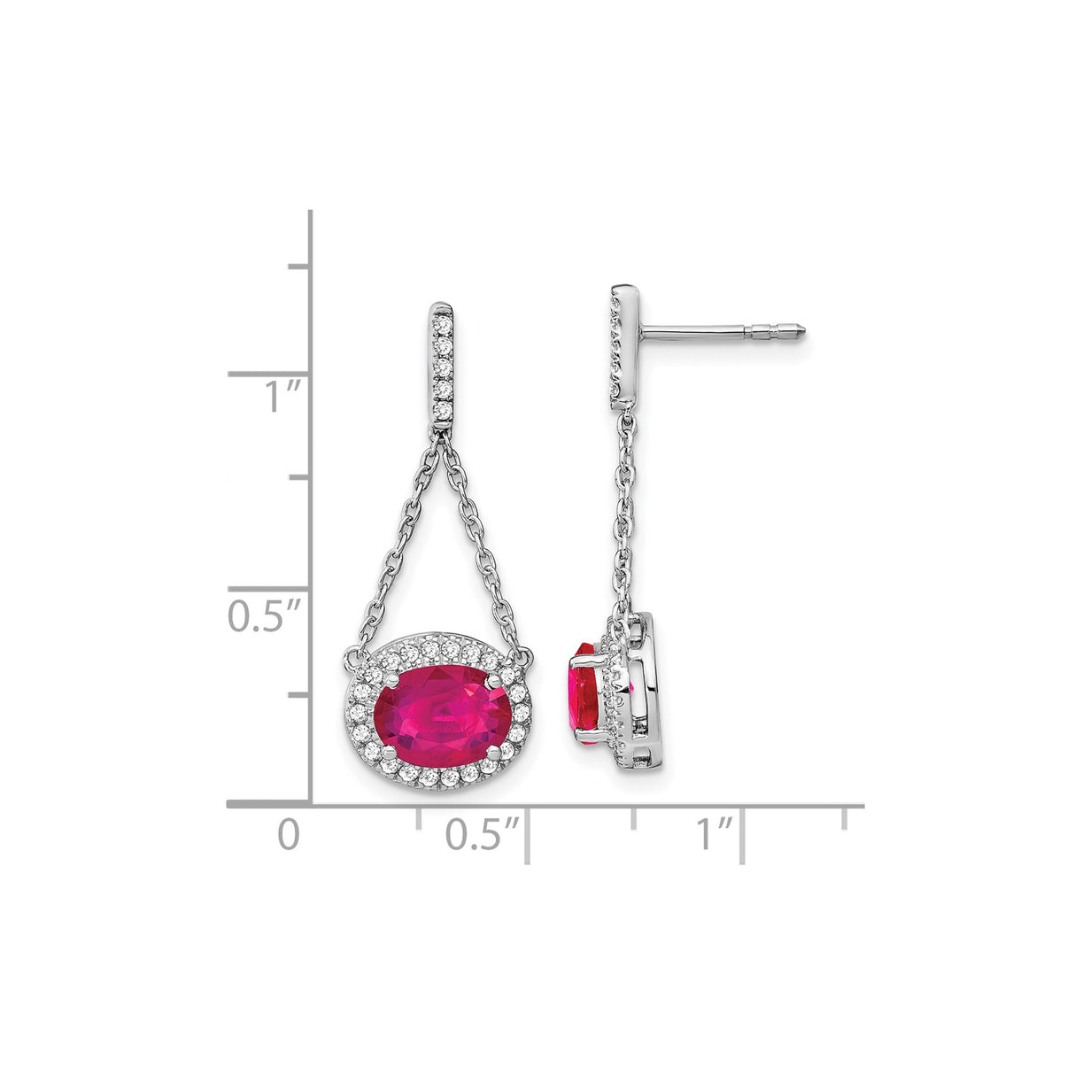 14k White Gold Dangle Earrings with Created Ruby and Diamond Halo Chain Link Design