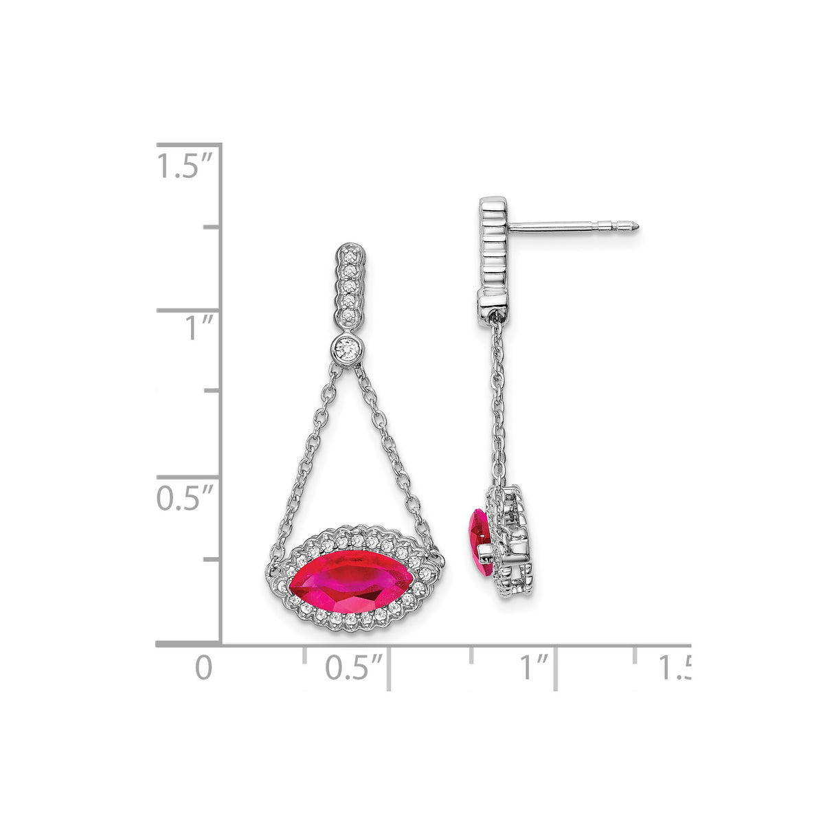14k White Gold Dangle Earrings with Created Ruby and Diamond Halo in Dual Chain Drop Design