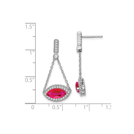 14k White Gold Dangle Earrings with Created Ruby and Diamond Halo in Dual Chain Drop Design