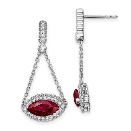 14k White Gold Dangle Earrings with Created Ruby and Diamond Halo in Dual Chain Drop Design