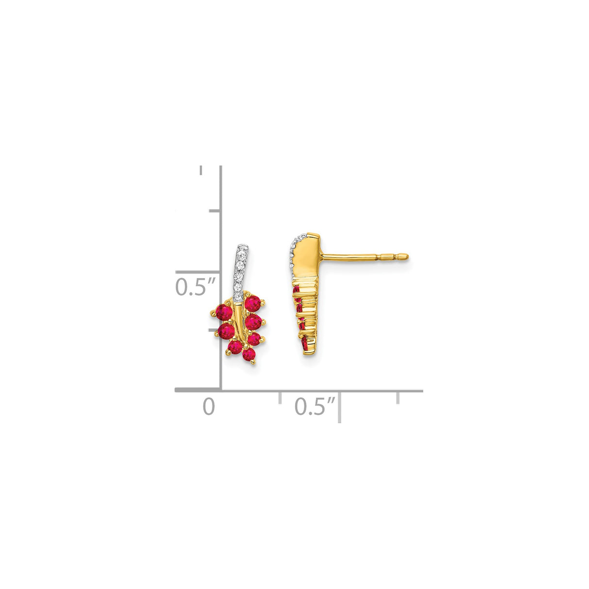 14k Yellow Gold Leaf Stud Earrings with Ruby, Nature Inspired Floral Design for Women
