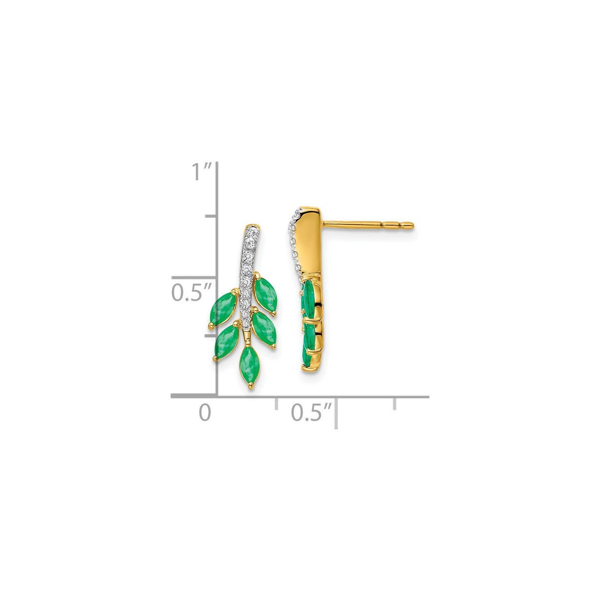 14k Yellow Gold Stud Earrings with Marquise Cut Emeralds, Leaf Design and Diamond Accents