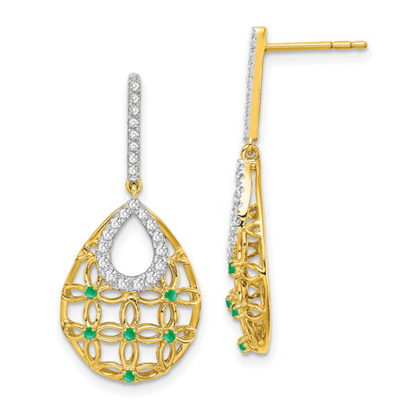 14k Yellow Gold Teardrop Dangle Earrings with Diamond, Floral Lattice Design for Women