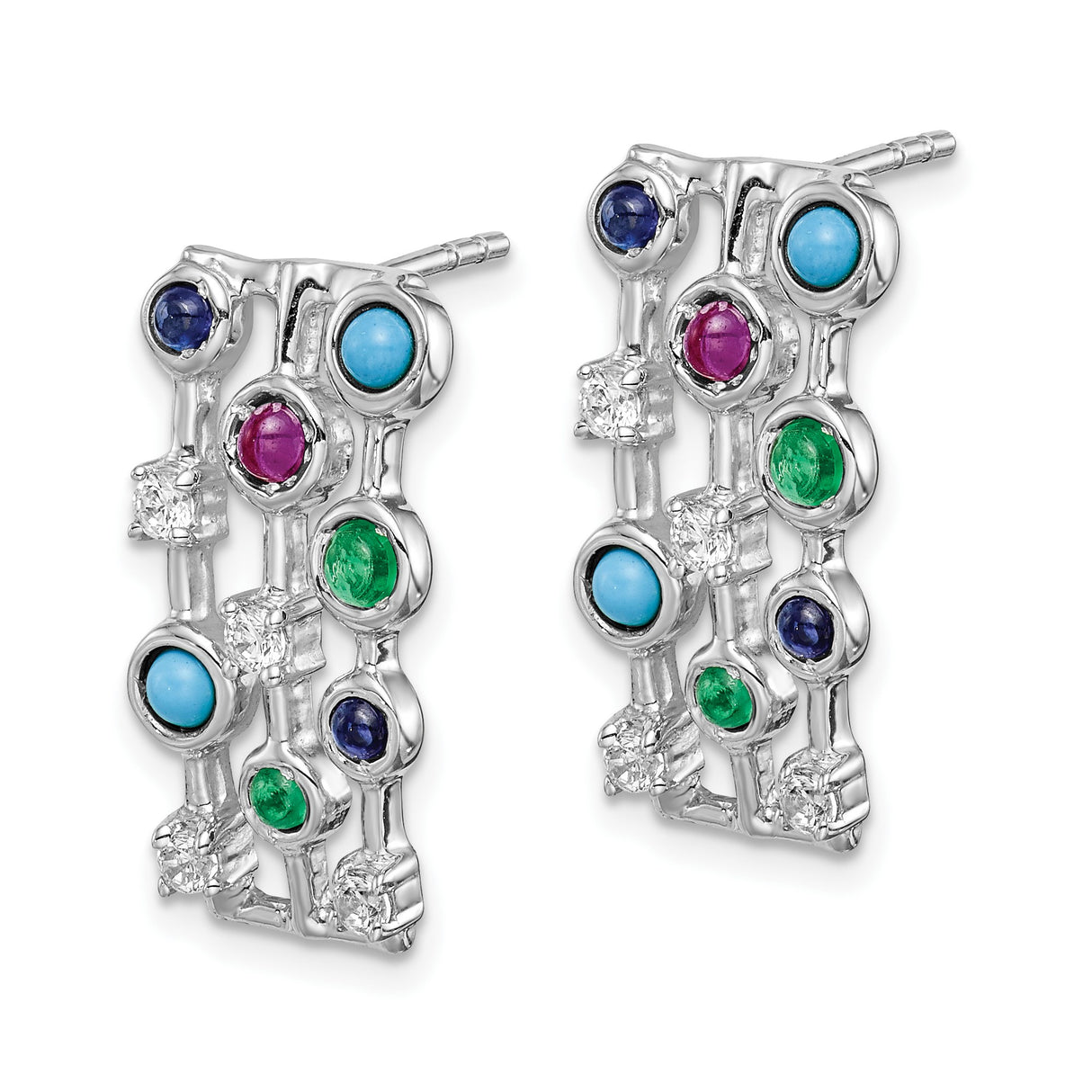 14k White Gold Stud Earrings with Ruby and Emerald, Geometric Multicolor Design