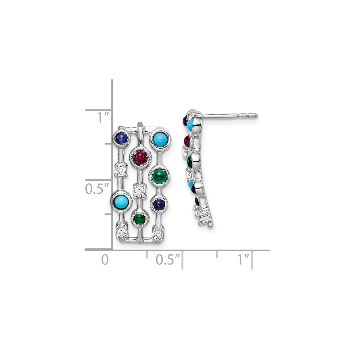 14k White Gold Stud Earrings with Ruby and Emerald, Geometric Multicolor Design