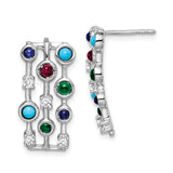 14k White Gold Stud Earrings with Ruby and Emerald, Geometric Multicolor Design