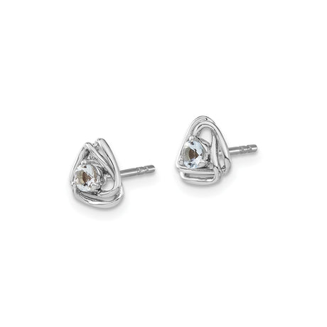 14k White Gold Stud Earrings with Aquamarine, Open Triangle Knot Design