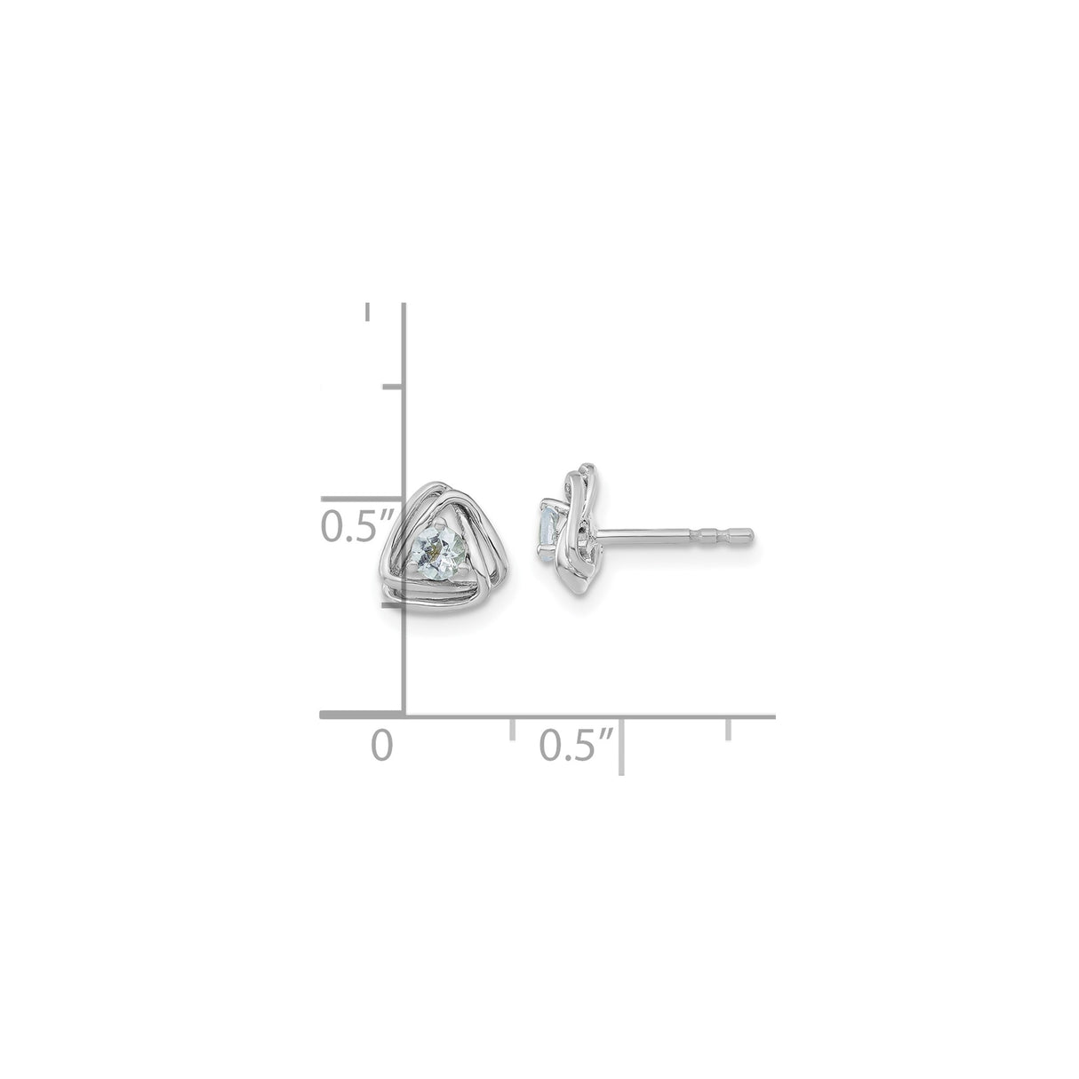 14k White Gold Stud Earrings with Aquamarine, Open Triangle Knot Design