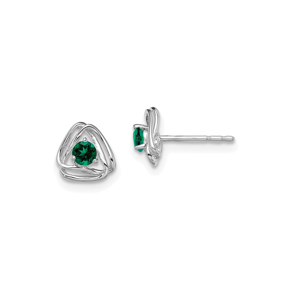 14k White Gold Celtic Knot Stud Earrings with Created Emerald Triquetra Design