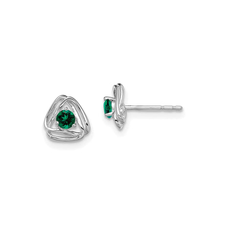 14k White Gold Celtic Knot Stud Earrings with Created Emerald Triquetra Design