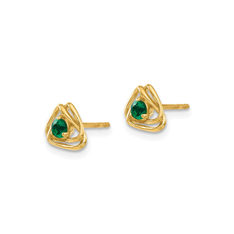 14k Yellow Gold Stud Earrings with Created Emerald in Celtic Triquetra Knot Design