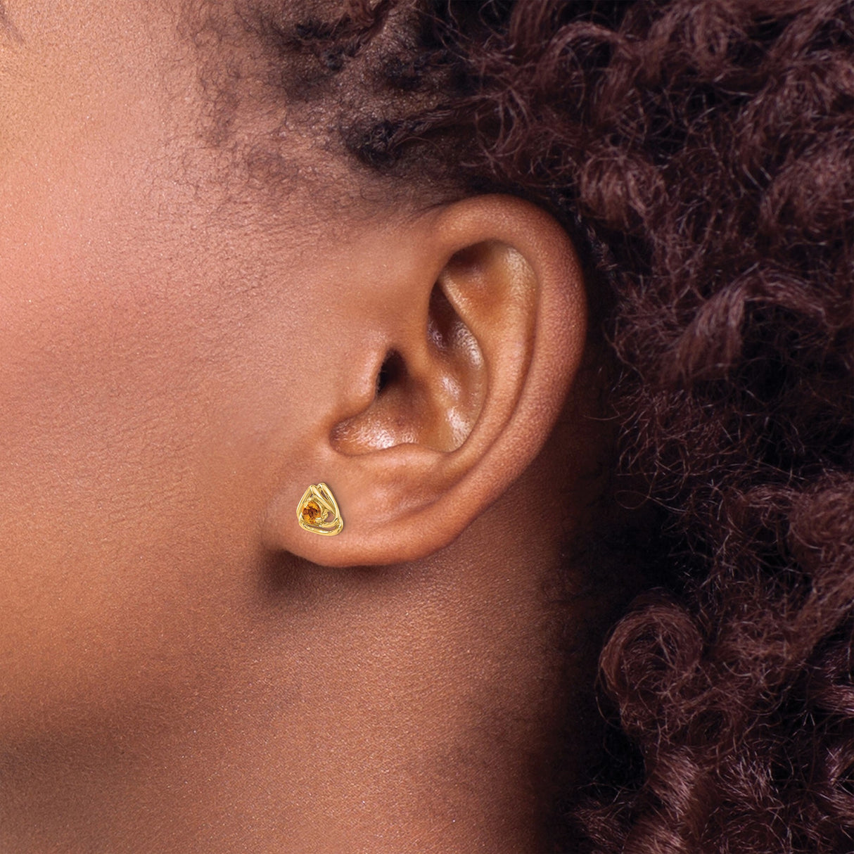 14k Yellow Gold Citrine Stud Earrings with Open Abstract Triangle Frame, Modern Geometric Design