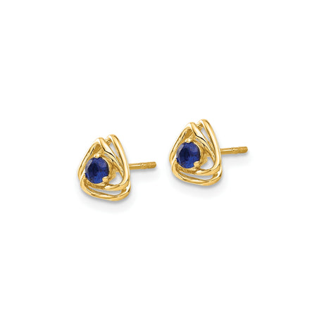 14k Yellow Gold Stud Earrings with Created Sapphire in Open Knot Triangle Design