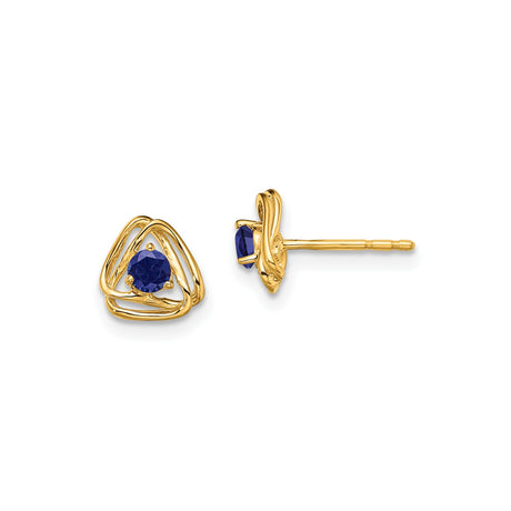 14k Yellow Gold Stud Earrings with Created Sapphire in Open Knot Triangle Design