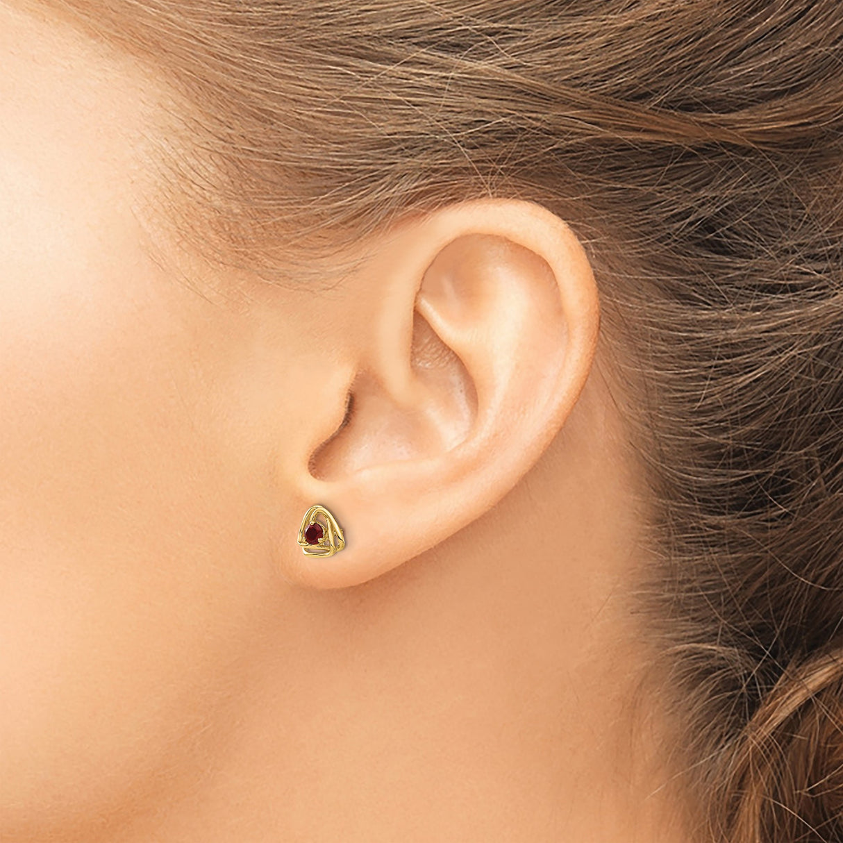 14k Yellow Gold Stud Earrings with Garnet in Open Triangle Knot Design