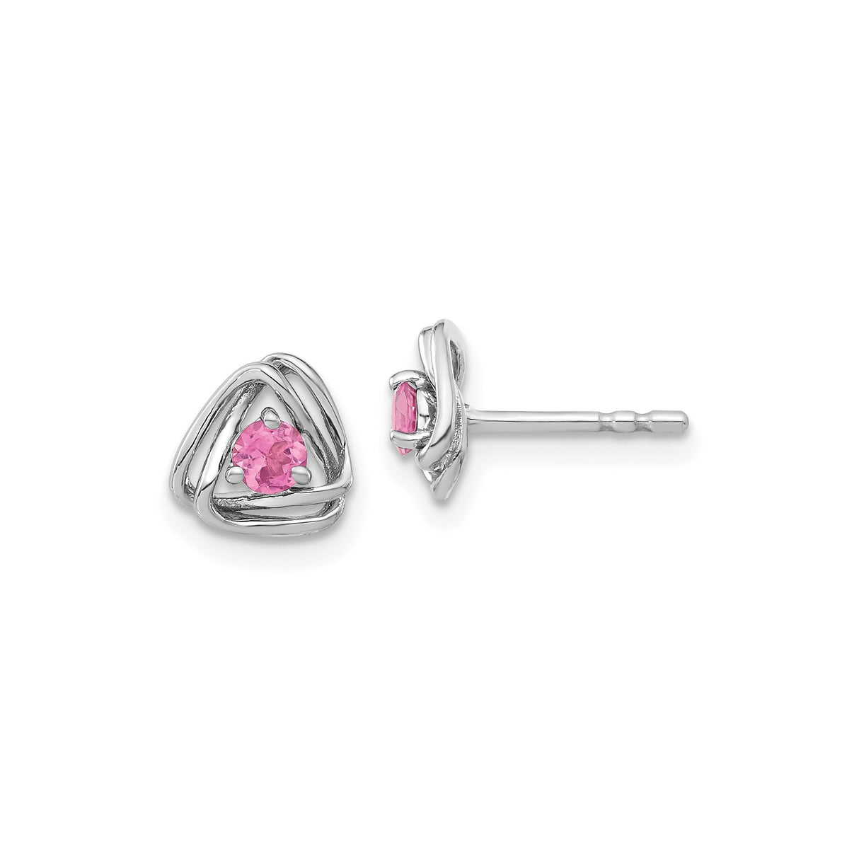 14k White Gold Stud Earrings with Pink Tourmaline, Celtic Trinity Knot Design