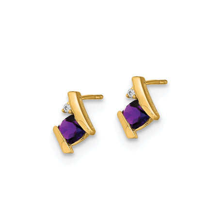 10k Yellow Gold Stud Earrings with Princess Cut Amethyst and Diamond Accents