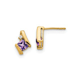 10k Yellow Gold Stud Earrings with Princess Cut Amethyst and Diamond Accents