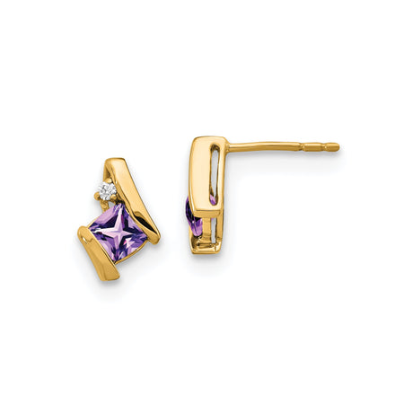 10k Yellow Gold Stud Earrings with Princess Cut Amethyst and Diamond Accents