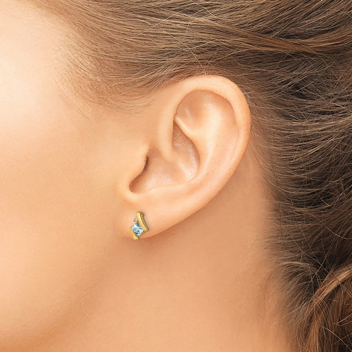 10k Yellow Gold Stud Earrings with Aquamarine and Diamond, Modern Geometric Design