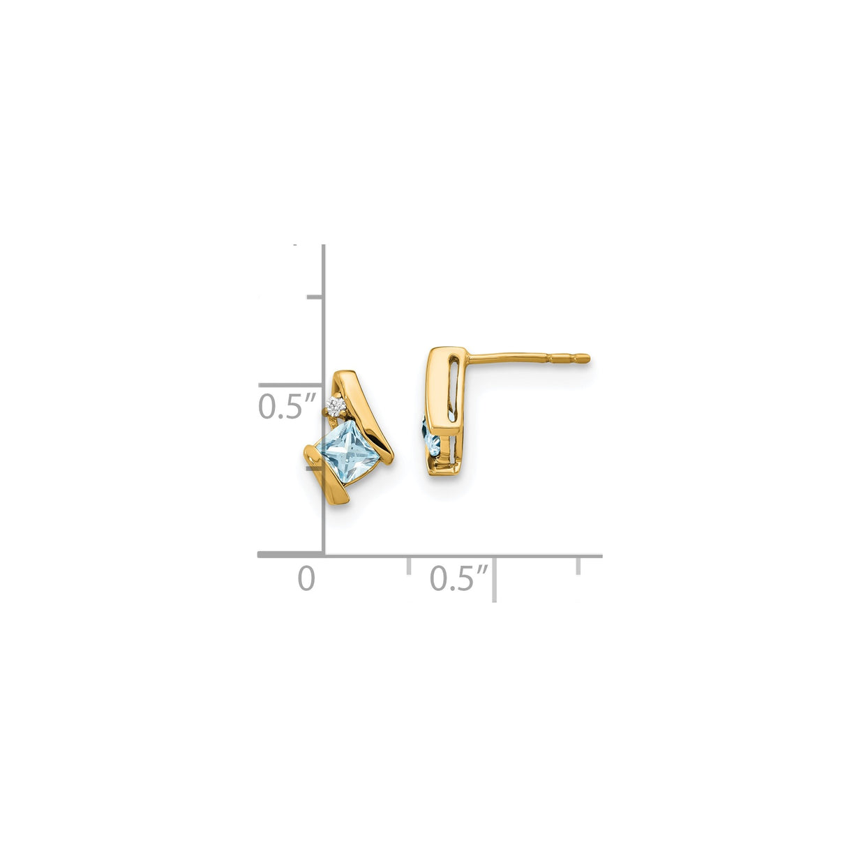 10k Yellow Gold Stud Earrings with Aquamarine and Diamond, Modern Geometric Design
