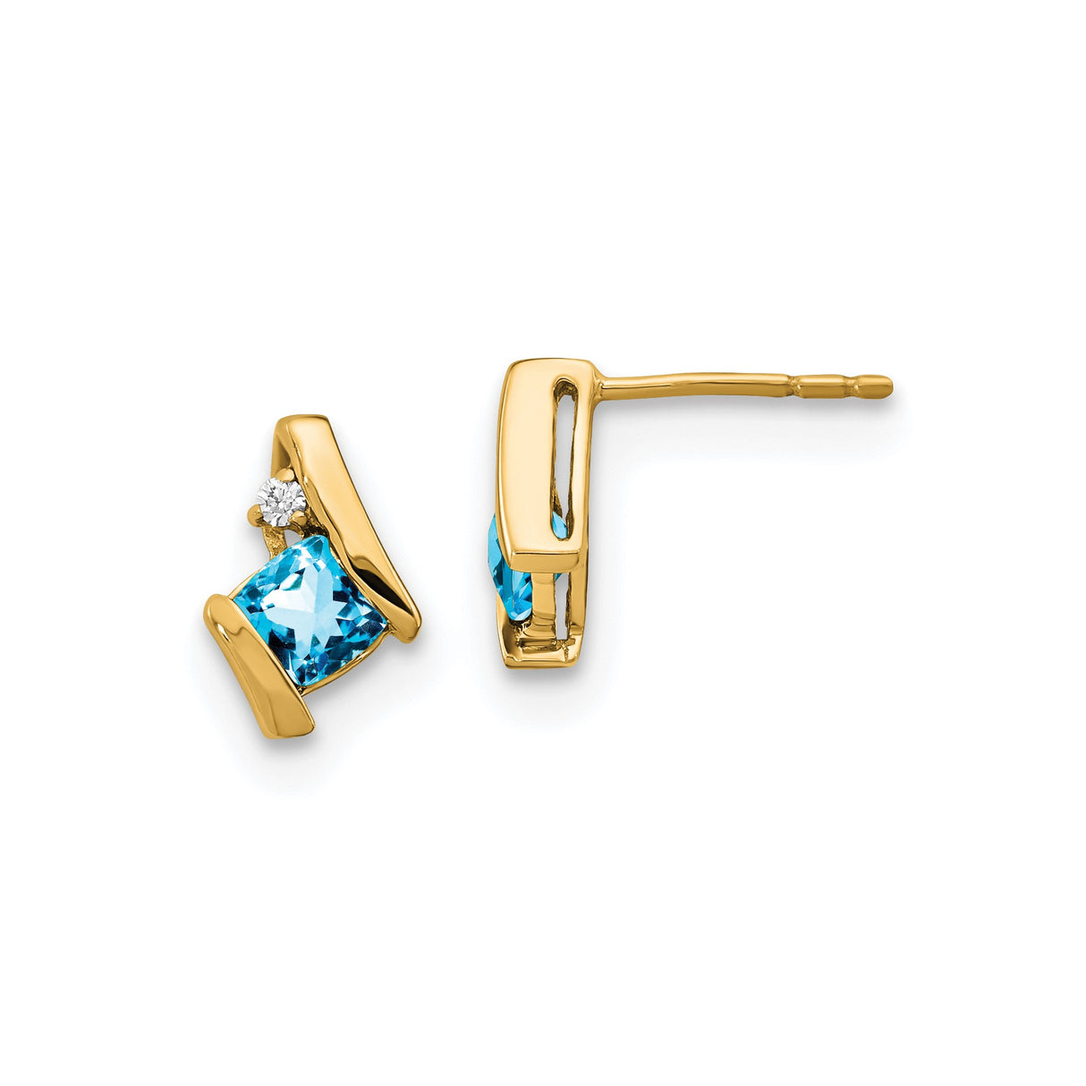10k Yellow Gold Earrings with Swiss Blue Topaz and Diamond Accents, Modern Curved Studs