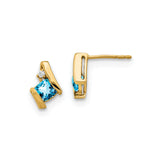 10k Yellow Gold Earrings with Swiss Blue Topaz and Diamond Accents, Modern Curved Studs