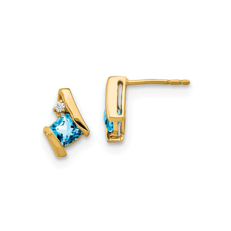 10k Yellow Gold Earrings with Swiss Blue Topaz and Diamond Accents, Modern Curved Studs