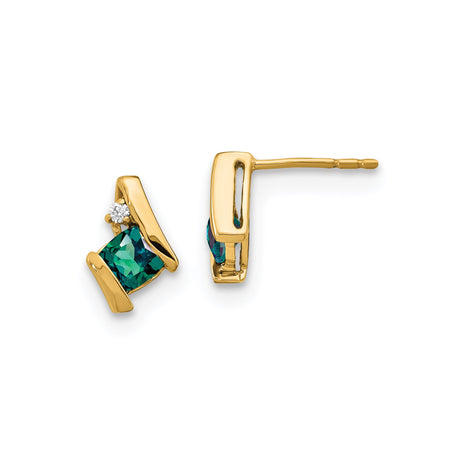 10k Yellow Gold Stud Earrings with Created Alexandrite and Diamond Accents, Geometric Design