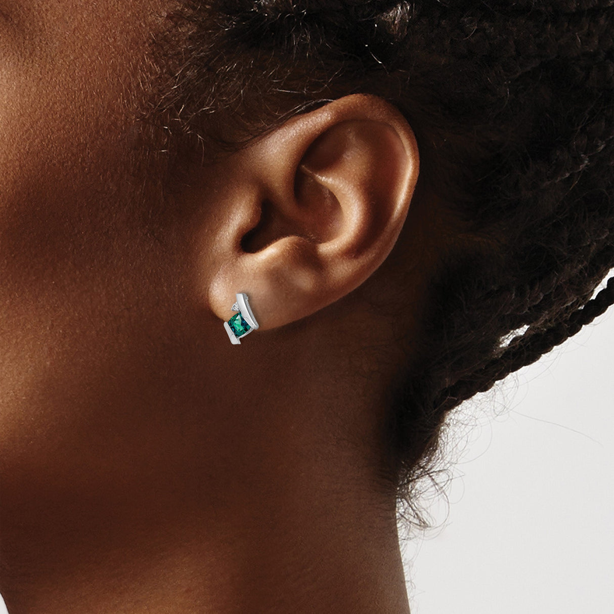 Sterling Silver Stud Earrings with Created Alexandrite and Diamond, Geometric Minimal Style