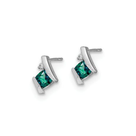 14k White Gold Stud Earrings with Square Cut Created Alexandrite and Diamond Accent, Asymmetric Design