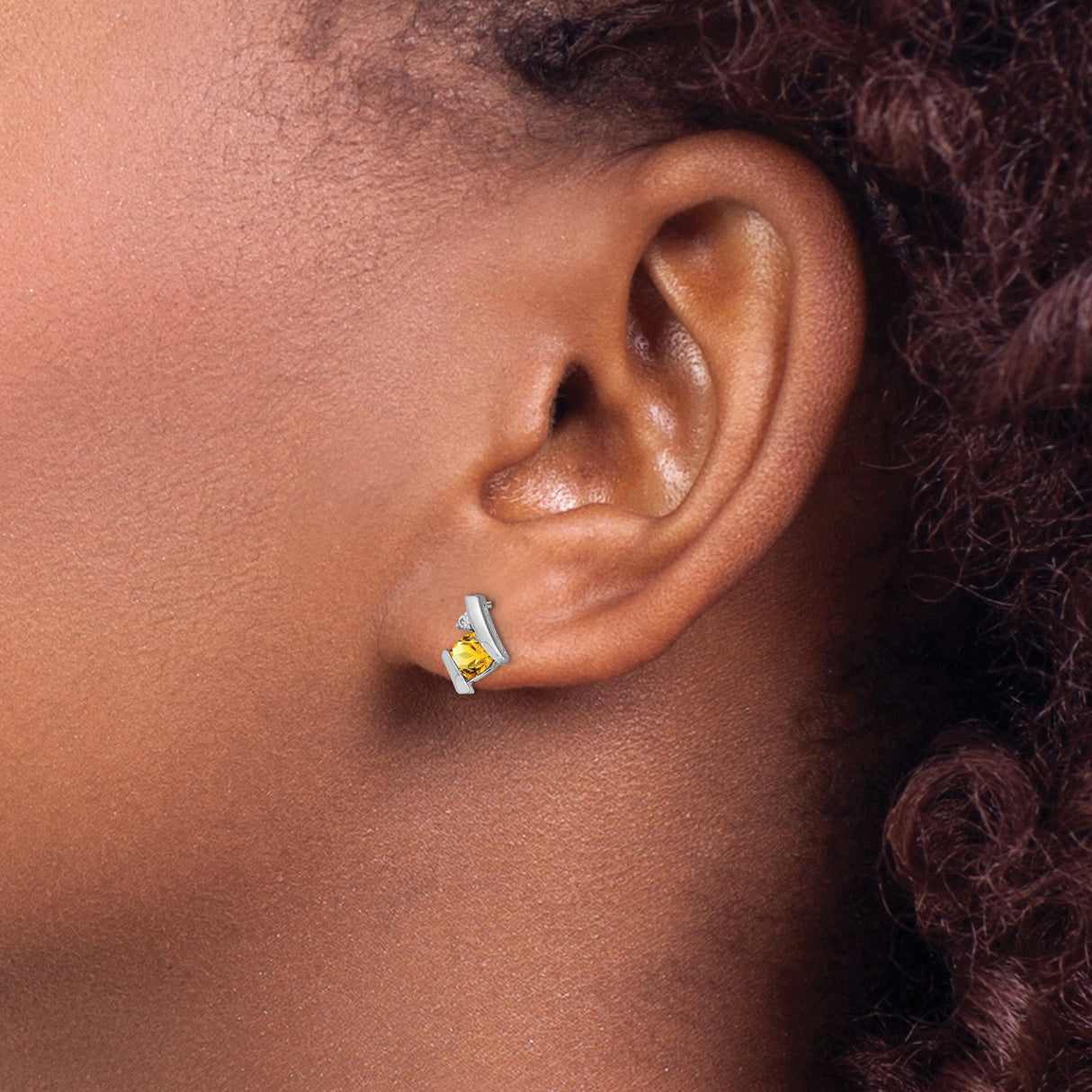 10k White Gold Earrings with Princess Cut Citrine and Diamond Accents, Modern Stud Design