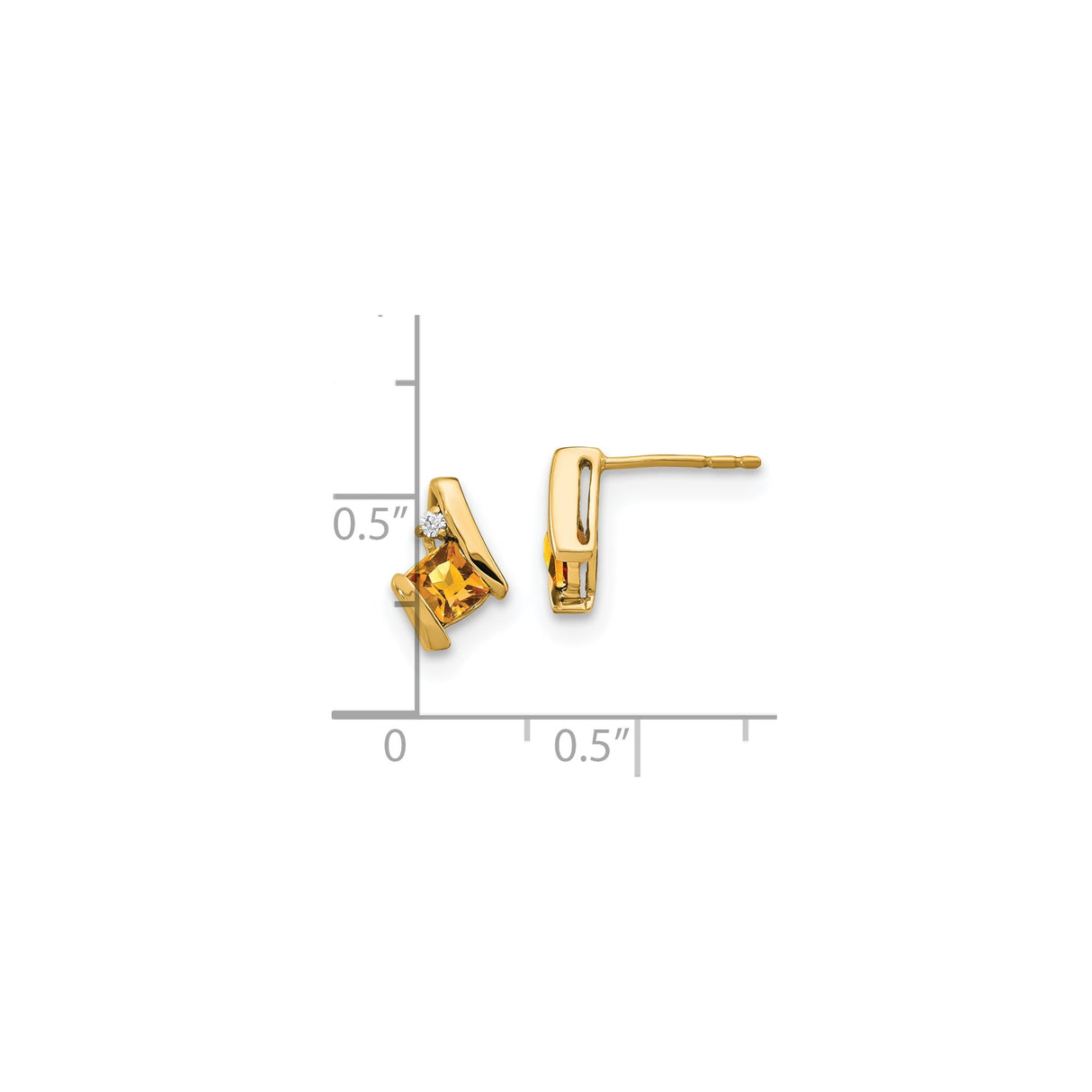 10k Yellow Gold Stud Earrings with Square Citrine and Diamond Accent, Modern Geometric Style