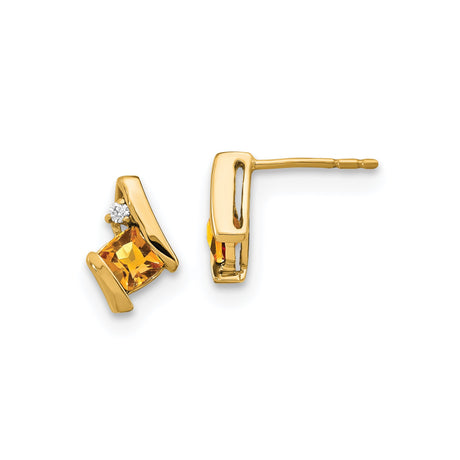 10k Yellow Gold Stud Earrings with Square Citrine and Diamond Accent, Modern Geometric Style