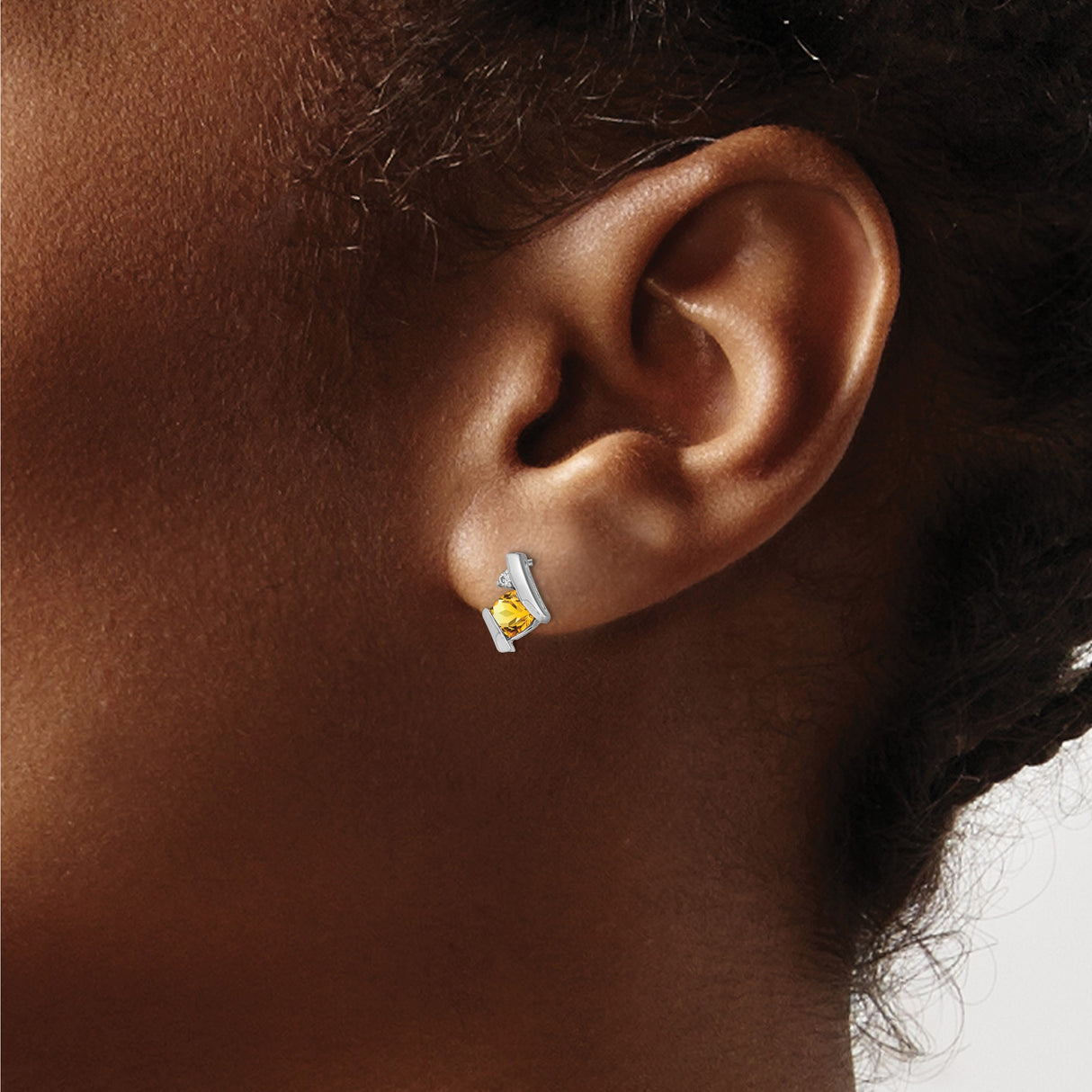 Sterling Silver Stud Earrings with Square Cut Citrine and Diamond Accents, Modern Geometric Design