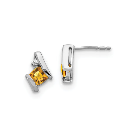 Sterling Silver Stud Earrings with Square Cut Citrine and Diamond Accents, Modern Geometric Design