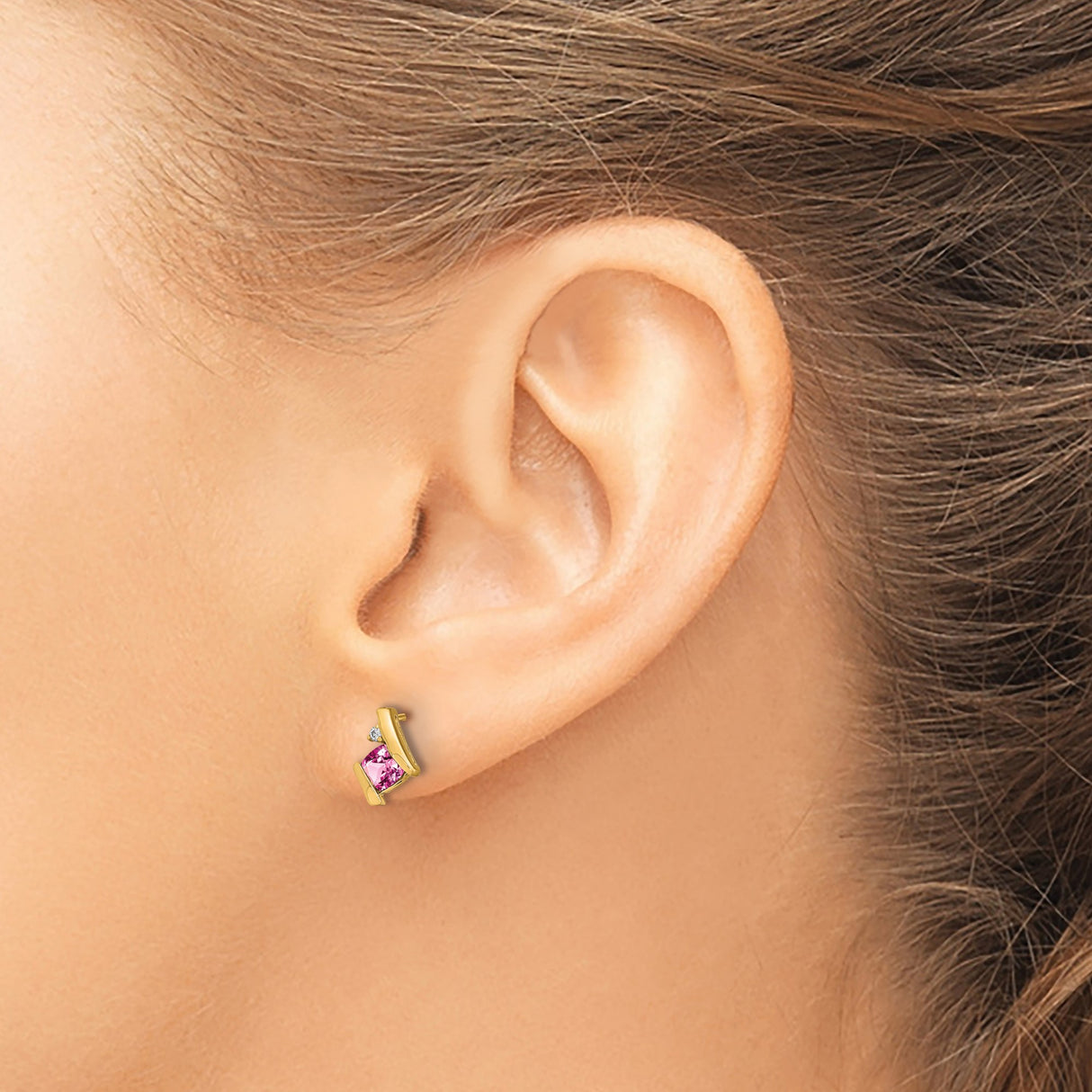 10k Yellow Gold Stud Earrings with Created Pink Sapphire and Diamond Accents, Cushion Cut Design