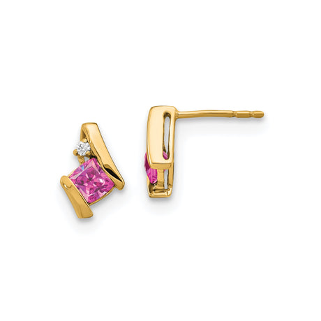 10k Yellow Gold Stud Earrings with Created Pink Sapphire and Diamond Accents, Cushion Cut Design
